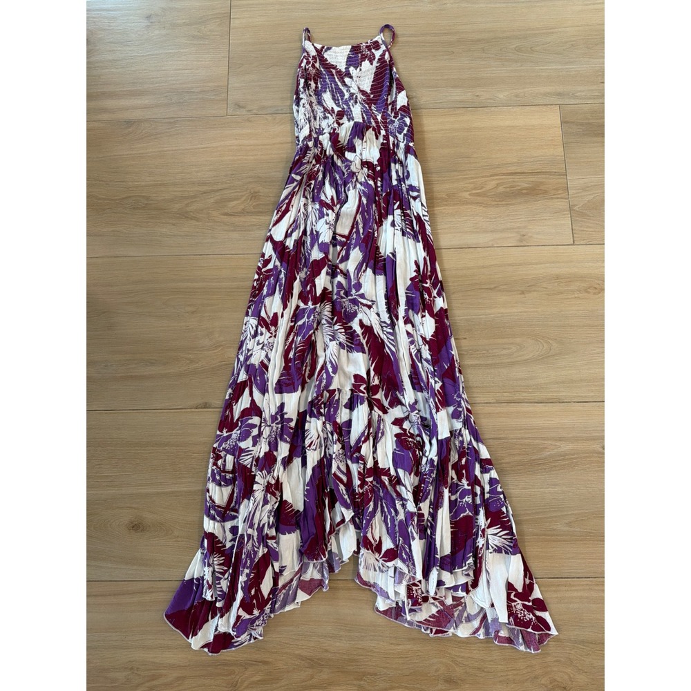 Intimately Free People Floral Smocked Maxi Dress Purple White Handkerchief Hem S